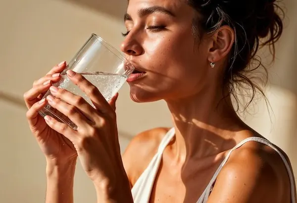 Mujer de unos 50 años sentada en un rincón acogedor y soleado de un comedor argentino, con un cuaderno, un vaso de agua y un tarro de crema sin marca. Mira pensativamente por la ventana.