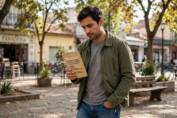 Un hombre argentino leyendo una etiqueta de suplemento en una plaza.