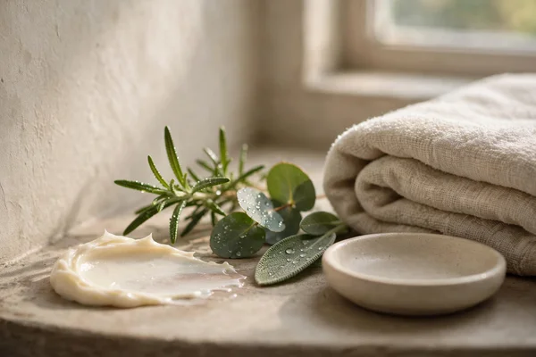 Crema untuosa sobre una repisa de baño con ingredientes frescos y toalla doblada