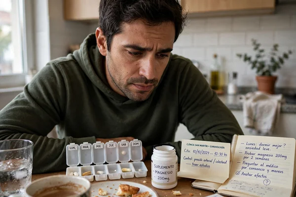 Un hombre mira un suplemento en la cocina Un hombre mira un suplemento en la cocina