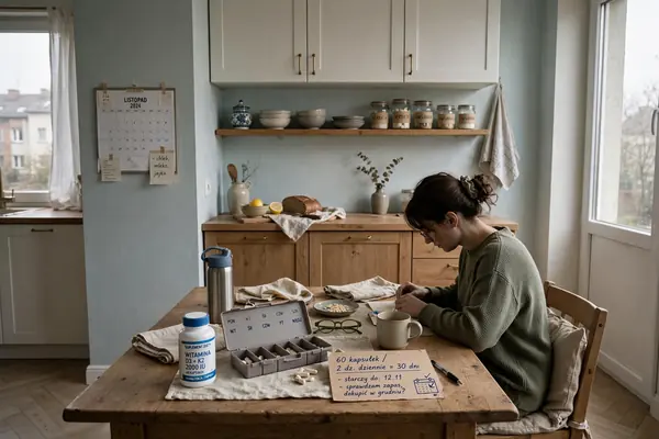 Persona desenfocada en una cocina de Buenos Aires por la mañana, sosteniendo raíces de maca fresca cerca de una tabla de cortar de madera con una cucharita medidora. El enfoque está en los ingredientes.