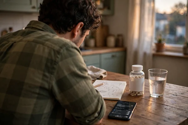 Hombre argentino frente a una mesa de cocina revisando un teléfono y una botella de suplemento.