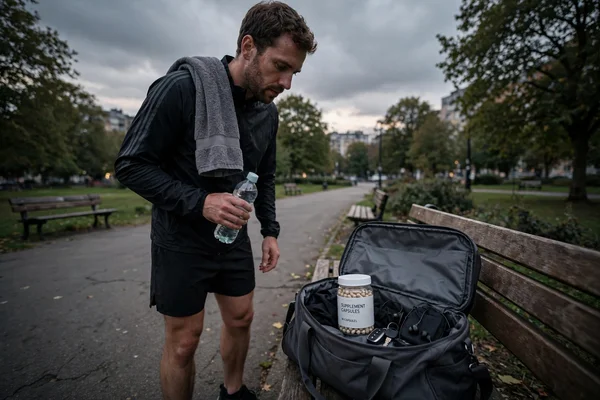 Corredor adulto con toalla sobre el hombro y botella de agua, mirando una cápsula de suplemento en una bolsa de gimnasio en un parque urbano.