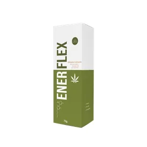 Envase de crema de bienestar Enerflex, con una mano aplicando masaje en el antebrazo.