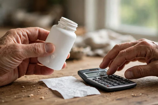 Dos manos adultas comparando una botella de cápsulas sin marca, un recibo de papel sencillo y una calculadora en una mesa de cocina con luz de ventana por la mañana.