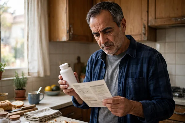 Hombre mirando un suplemento y un folleto en la cocina