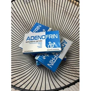 Caja de suplementos Adenofrin con iconos de apoyo a la próstata, confort urinario, uso adulto y rutina de dos tabletas.