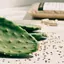 Nopal fresco y semillas de lino dispuestas naturalmente en una superficie limpia, con cápsulas neutras y un paquete de suplemento al fondo.