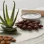 Naturaleza muerta de ingredientes: hojas de aloe vera frescas, frutos de escaramujo, almendras dulces y un pequeño cuenco de gel transparente sobre una superficie de piedra clara con sombras suaves.