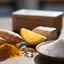 Naturaleza muerta de ingredientes: cúrcuma, jengibre fresco, una muestra de zinc mineral neutro y L-arginina en polvo blanco, con algunas cápsulas y un paquete genérico en el fondo.