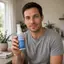 Persona adulta en casa, con rostro visible y expresión natural, sosteniendo un spray para pies de 75 ml de Strong Foot. Se observa luz natural y una postura espontánea.